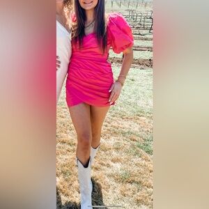 DO+BE Pink Bodycon Mini Dress with Ruched Details and Puff Sleeves